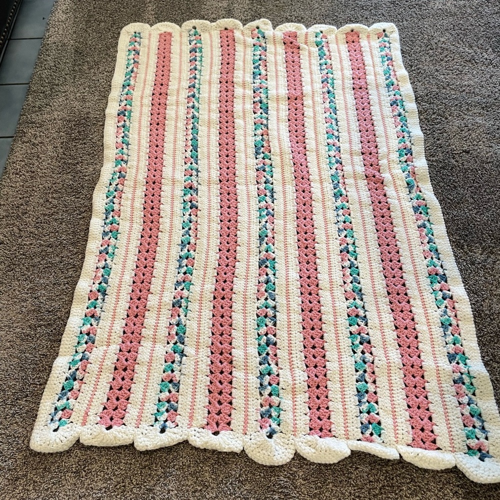 Pink and cream crochet baby crib blanket hand made
